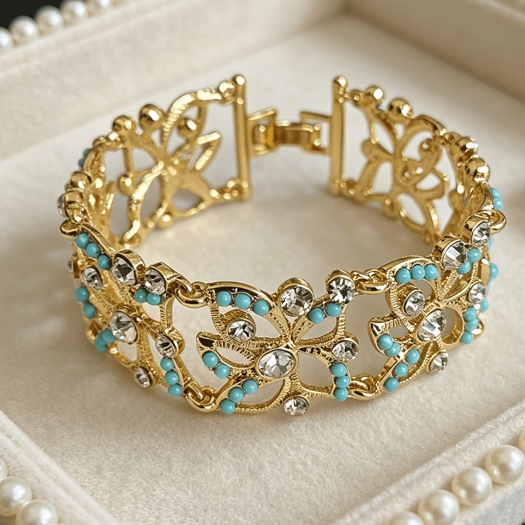 Turquoise & Crystal Scrollwork Cuff Bracelet