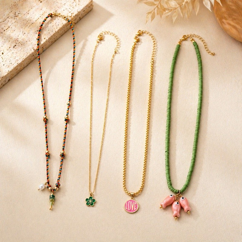 Pink Fish & Love Pendant Necklace Set