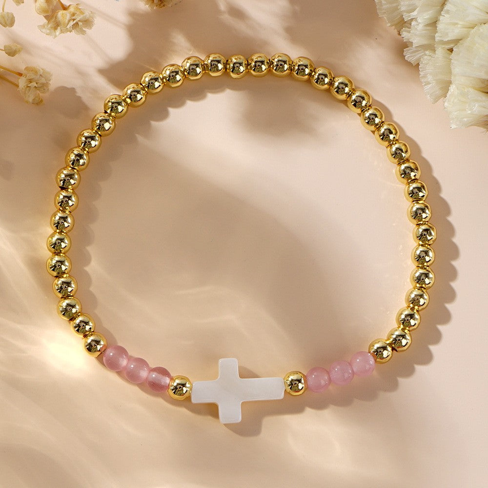 Pink & White Cross Beaded Bracelet Set