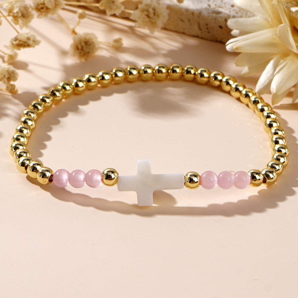 Pink & White Cross Beaded Bracelet Set