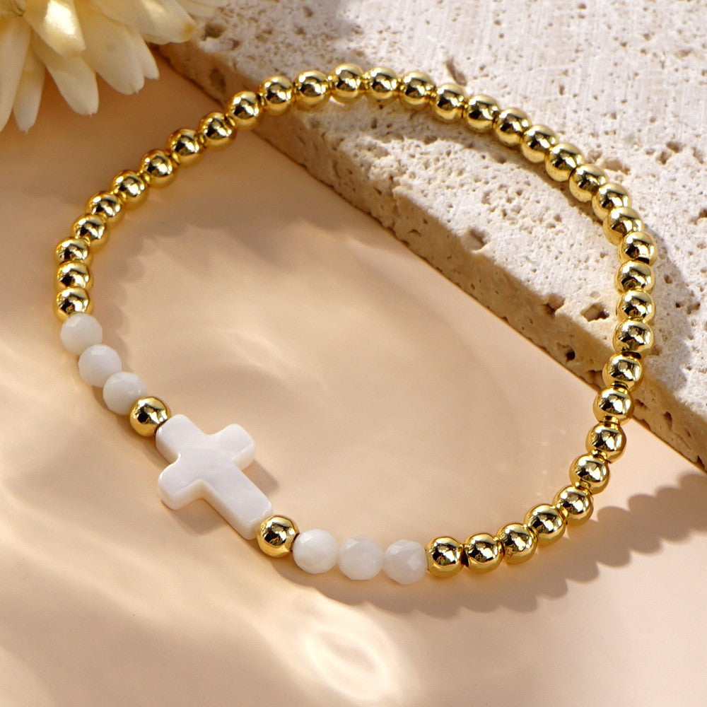 Pink & White Cross Beaded Bracelet Set