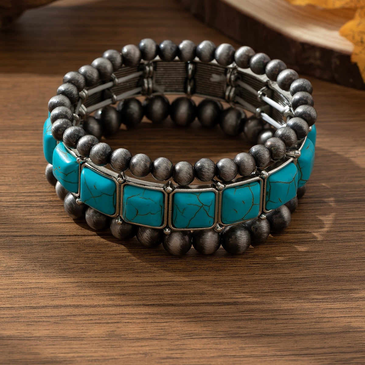 Turquoise Square Panel Beaded Bracelet