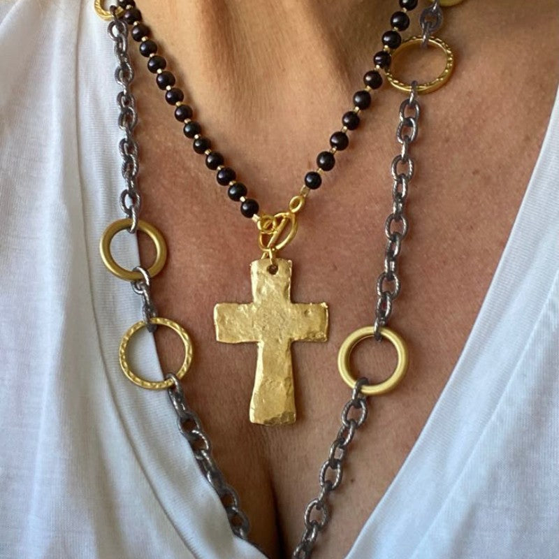 Hammered Cross & Bead Layered Necklace