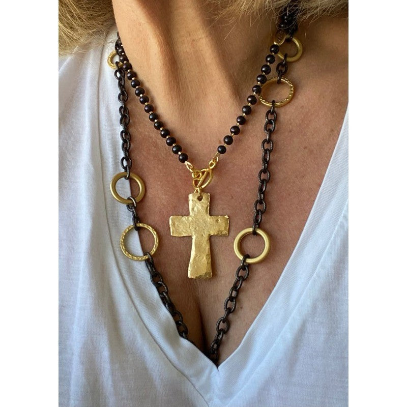 Hammered Cross & Bead Layered Necklace
