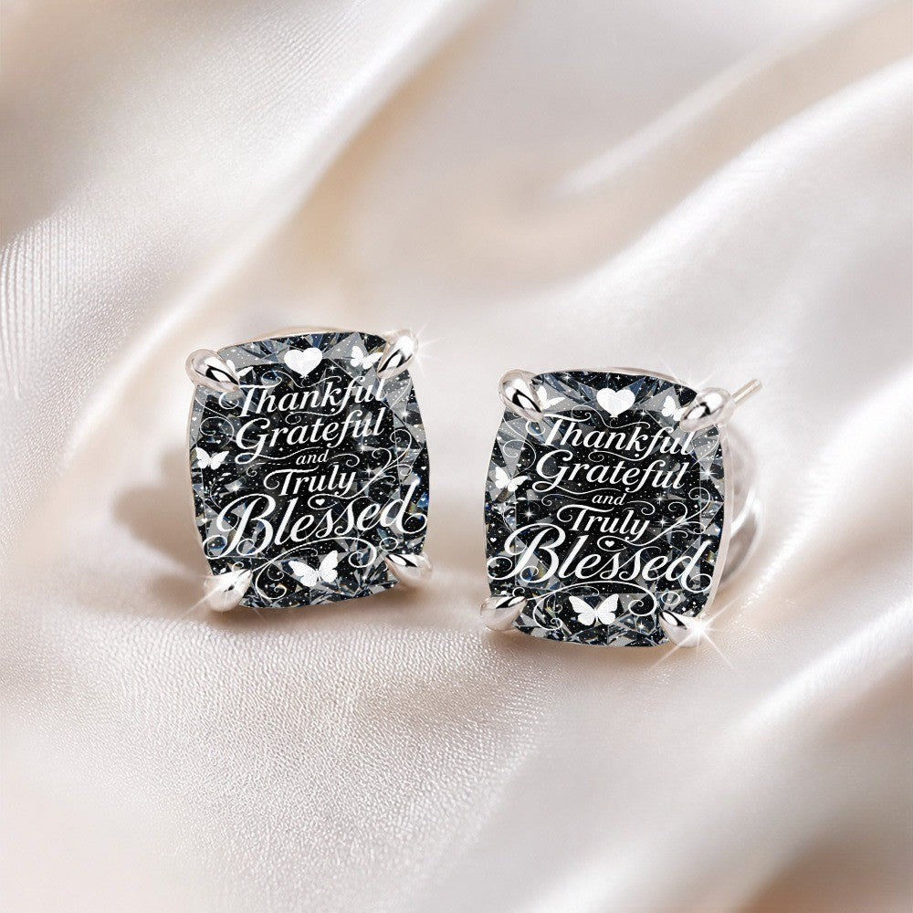 Thankful Grateful Square Stud Earrings