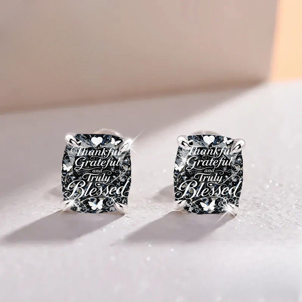 Thankful Grateful Square Stud Earrings