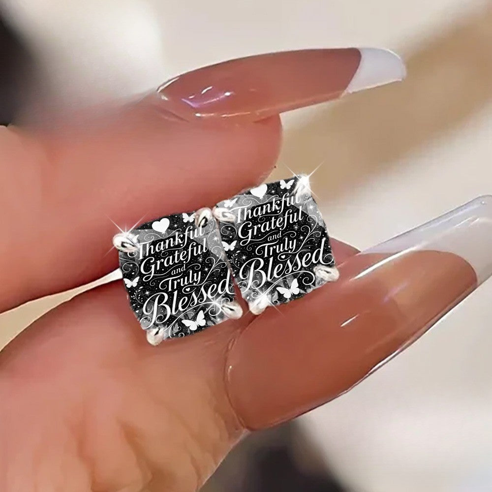 Thankful Grateful Square Stud Earrings