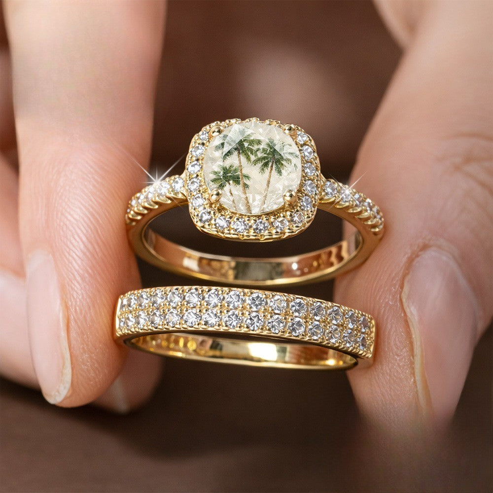 Palm Tree Crystal Square Ring Set