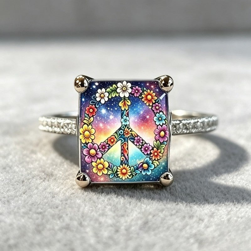 Floral Peace Sign Square Ring