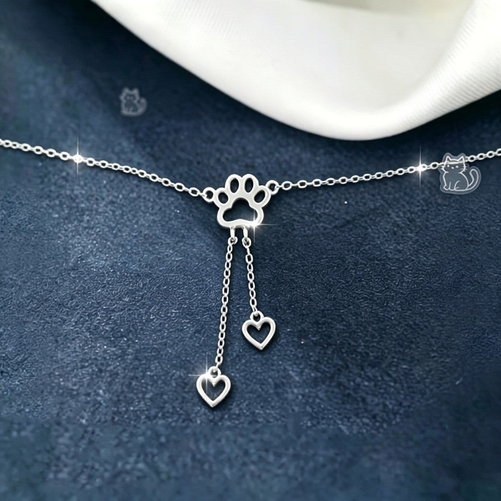 Paw Print Double Heart Tassel Anklet