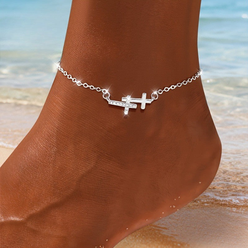 Crystal Double Cross Anklet