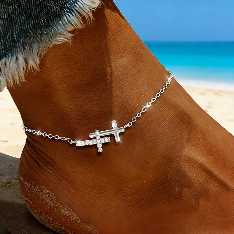 Crystal Double Cross Anklet