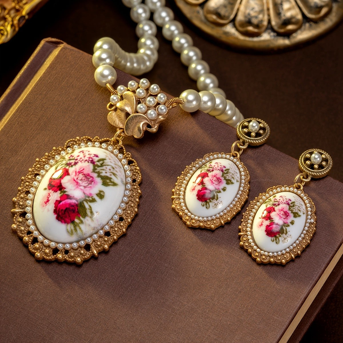 Pink Rose Cameo Jewelry Set