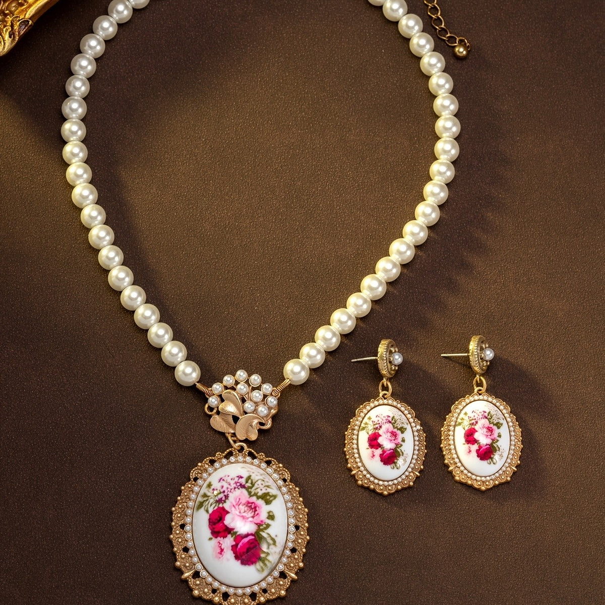 Pink Rose Cameo Jewelry Set