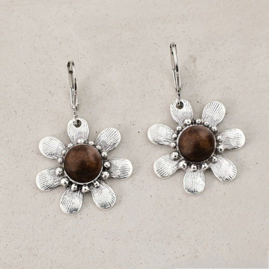 Brown Stone Flower Drop Earrings