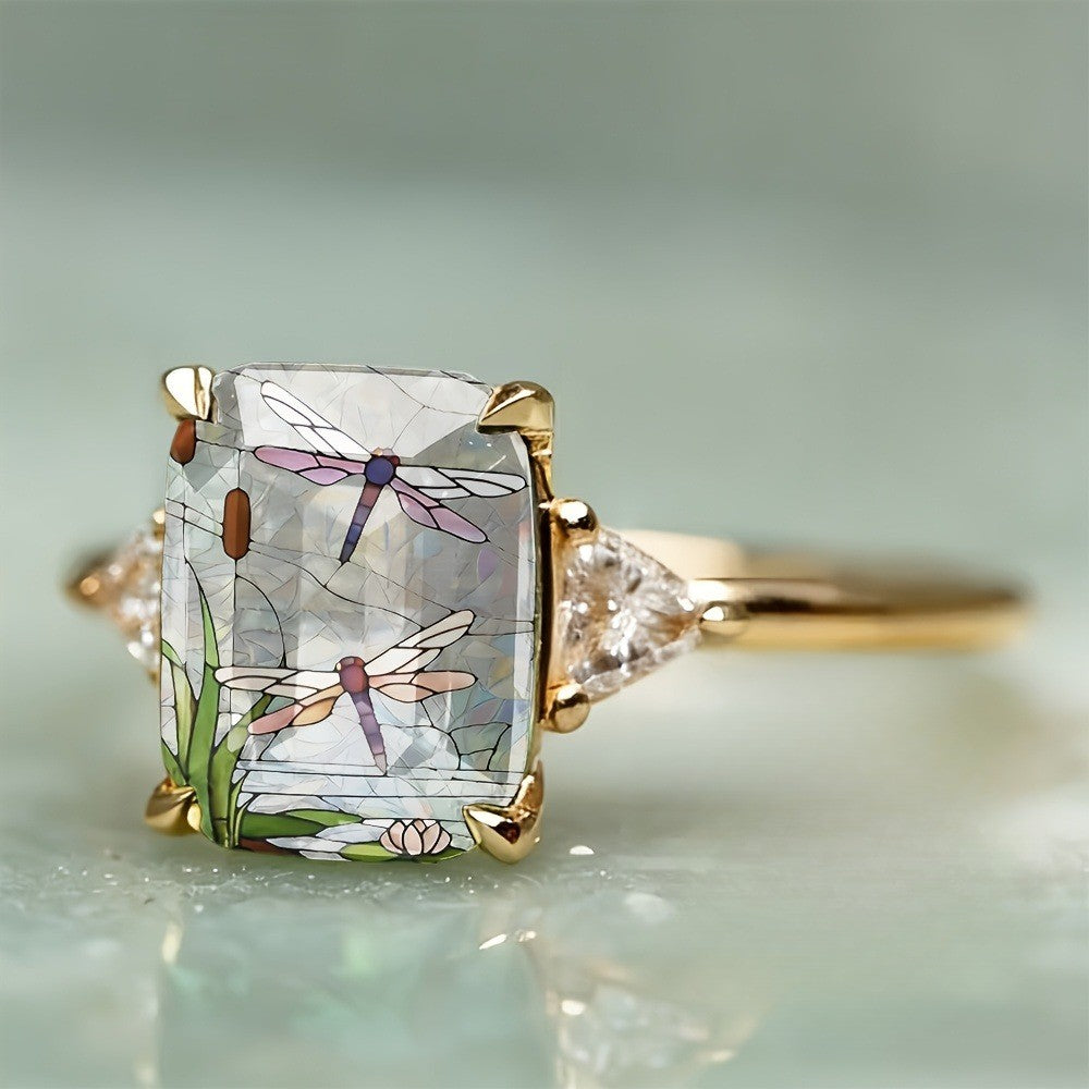 Dragonfly Pond Glass Square Ring