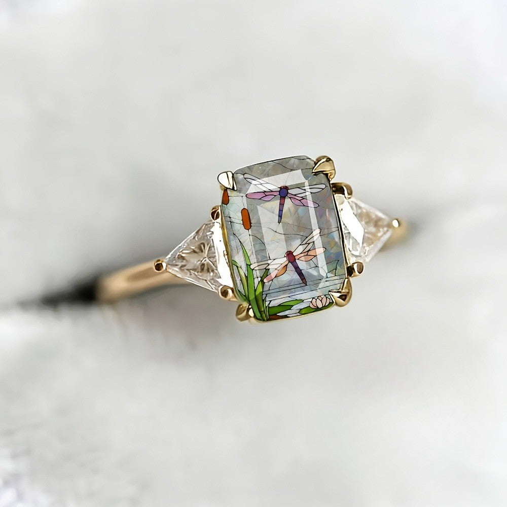 Dragonfly Pond Glass Square Ring