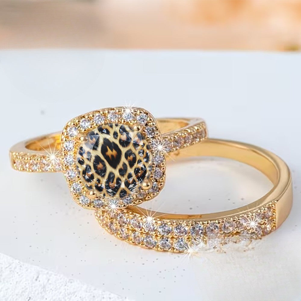 Leopard Crystal Square Ring Set