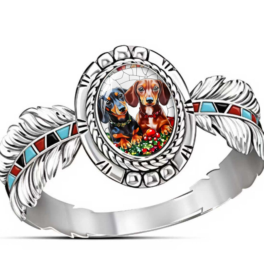 Dachshund & Feather Oval Ring