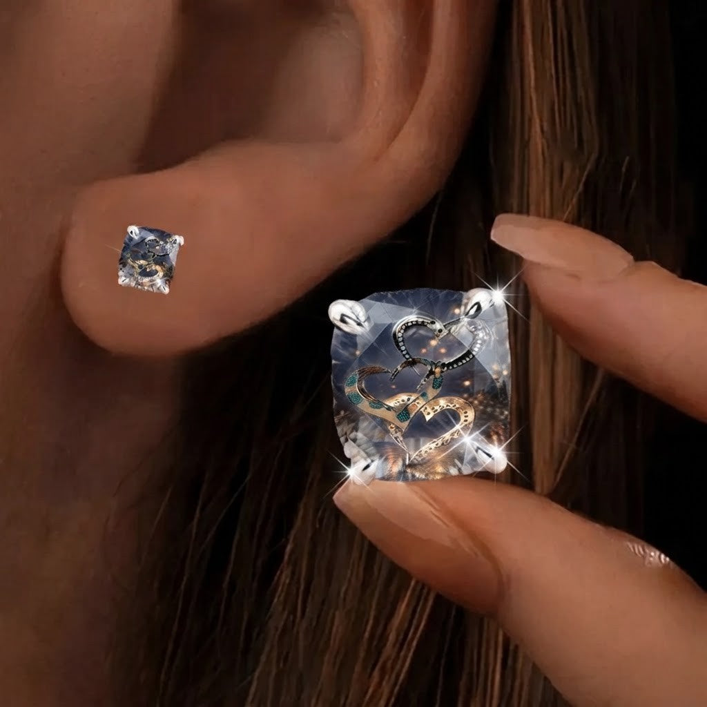 Square Crystal Heart Stud Earrings