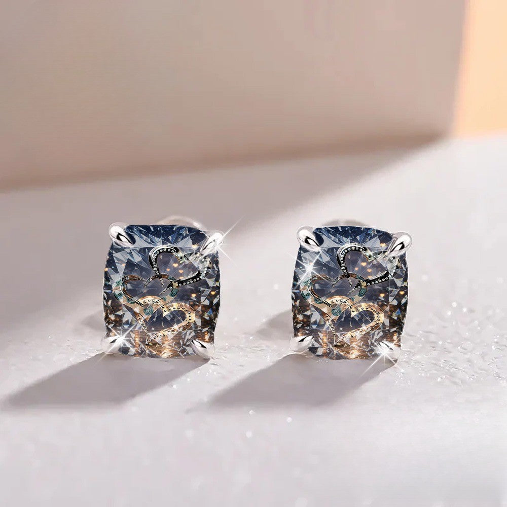 Square Crystal Heart Stud Earrings