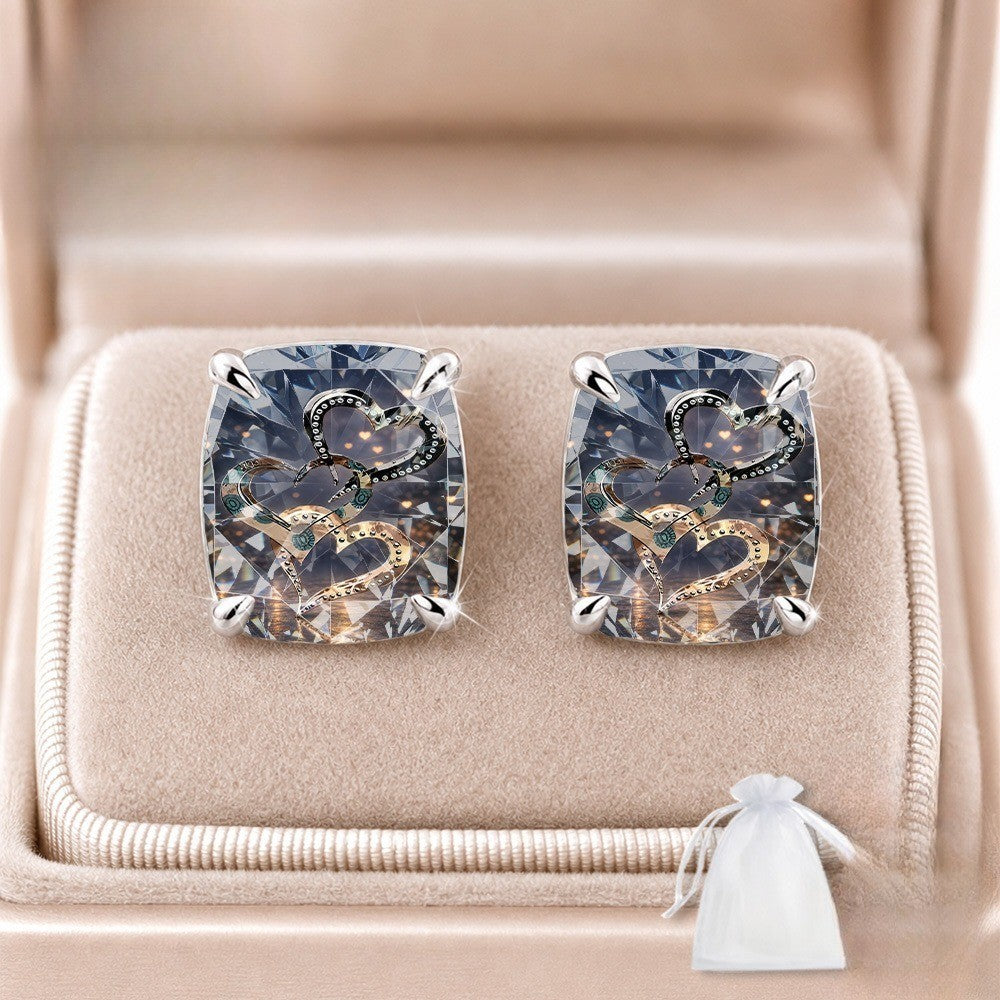 Square Crystal Heart Stud Earrings
