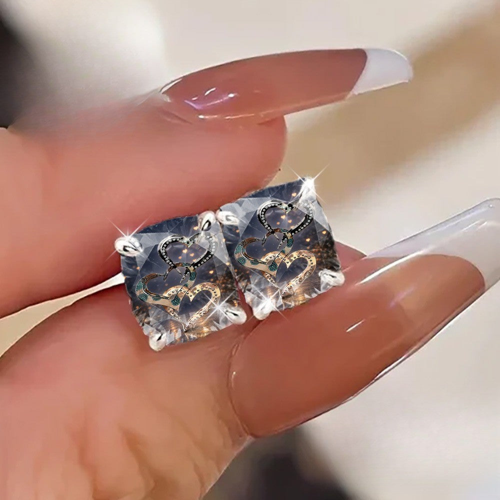 Square Crystal Heart Stud Earrings