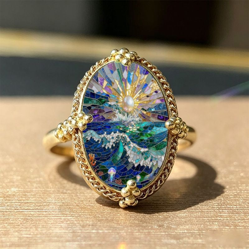 Ocean Sunrise Oval Mosaic Ring