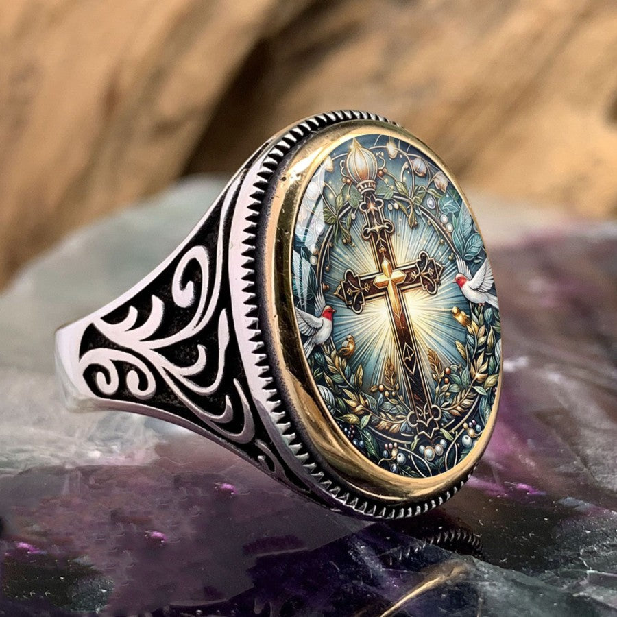 Cross & Dove Oval Ring