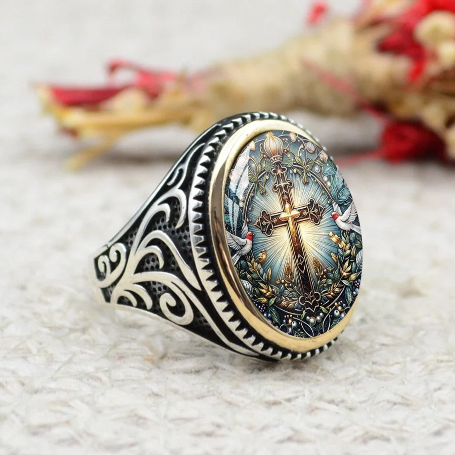 Cross & Dove Oval Ring