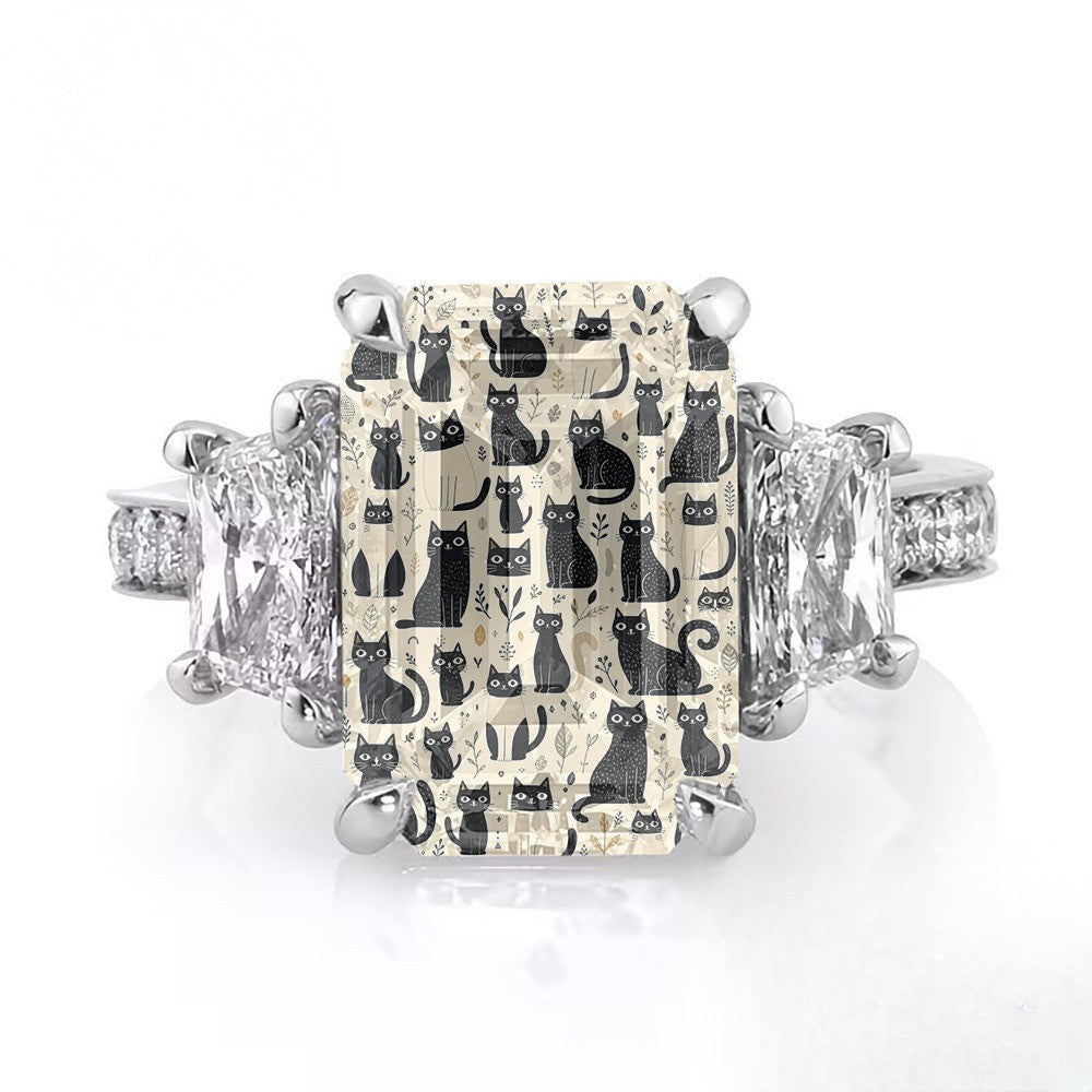 Black Cat Pattern Square Ring