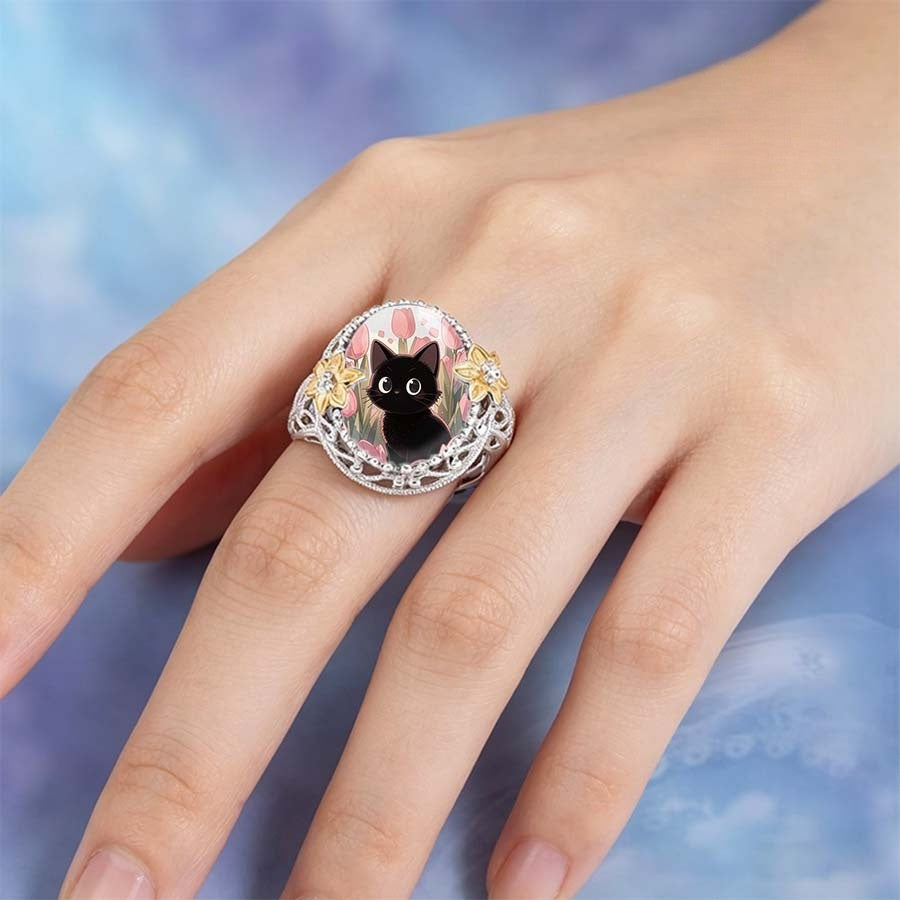 Black Cat Tulip Dome Ring