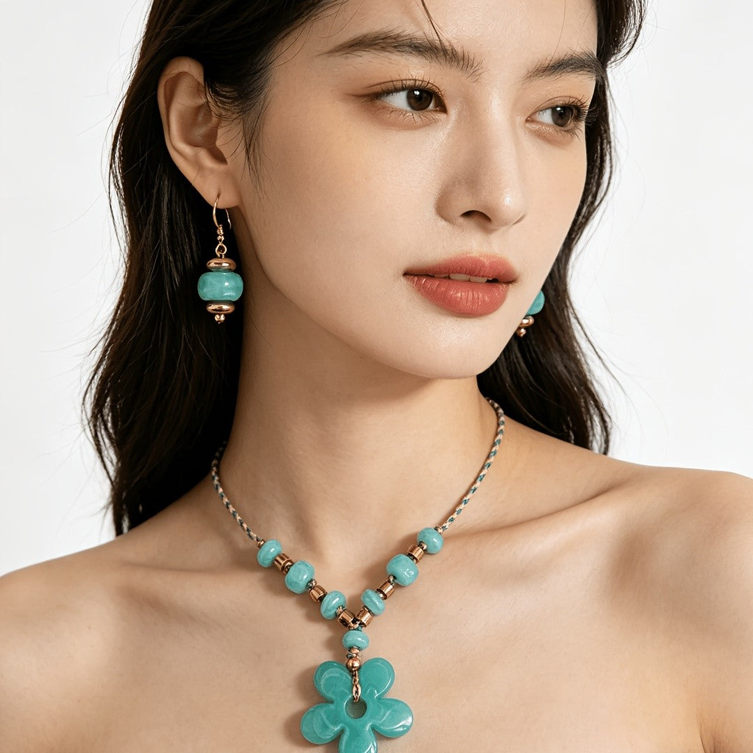 Teal Clover Flower Necklace & Earring Set
