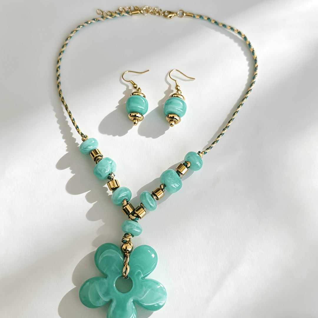Teal Clover Flower Necklace & Earring Set