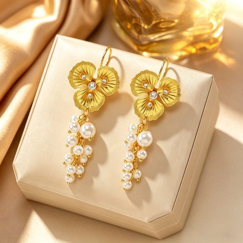 Textured Flower Pearl Cascade Earrings