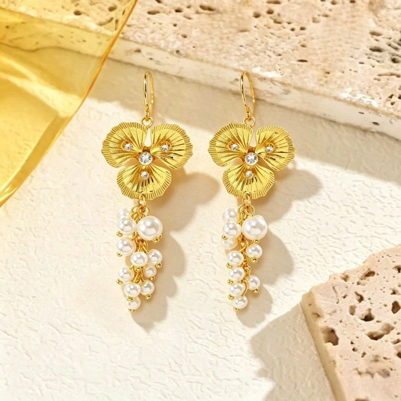 Textured Flower Pearl Cascade Earrings