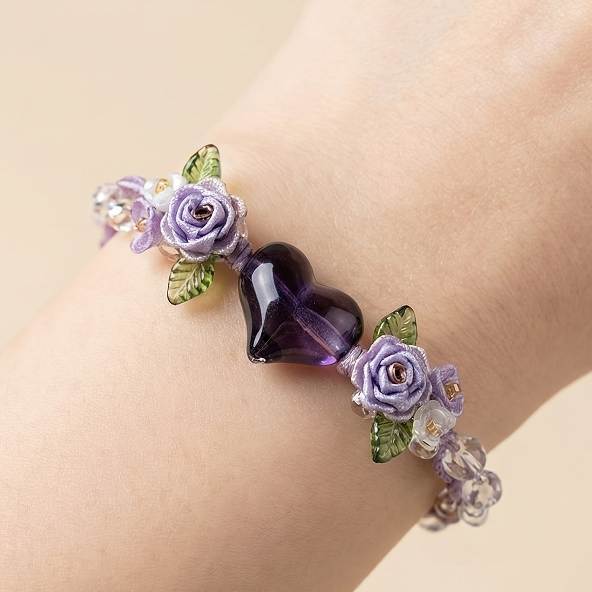 Purple Rose Heart Glass Bracelet
