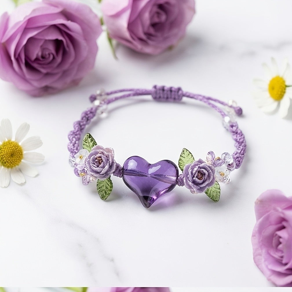 Purple Rose Heart Glass Bracelet