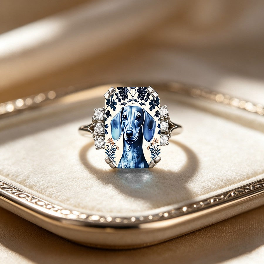 Blue Dachshund Glass Square Ring