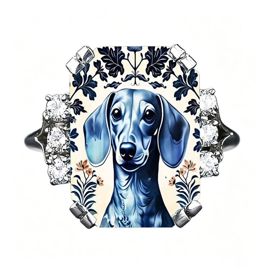 Blue Dachshund Glass Square Ring