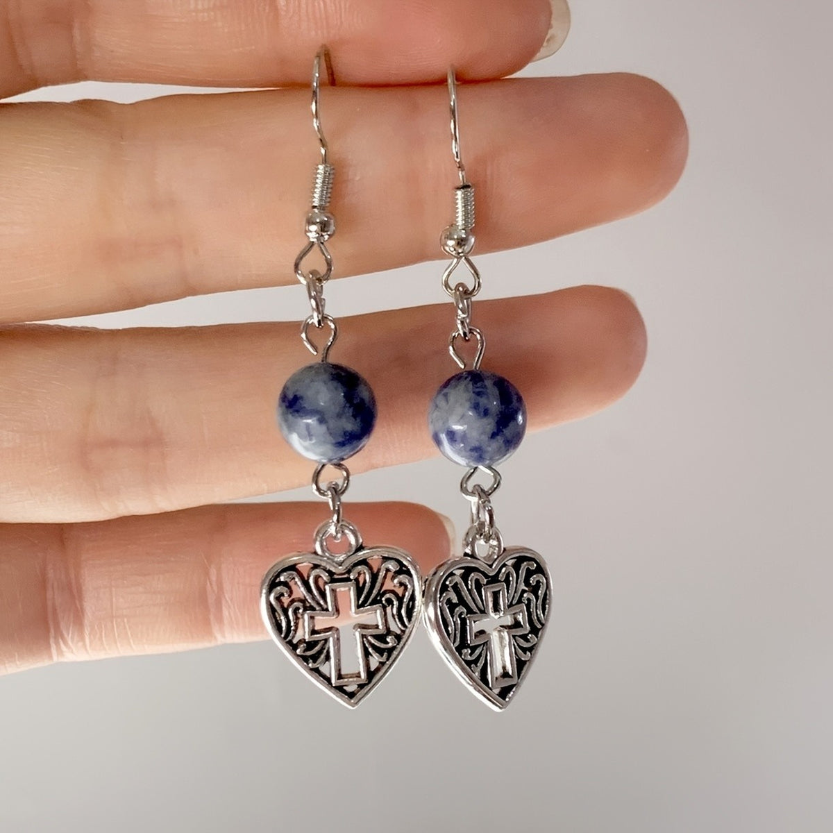 Blue Stone Cross Heart Earrings