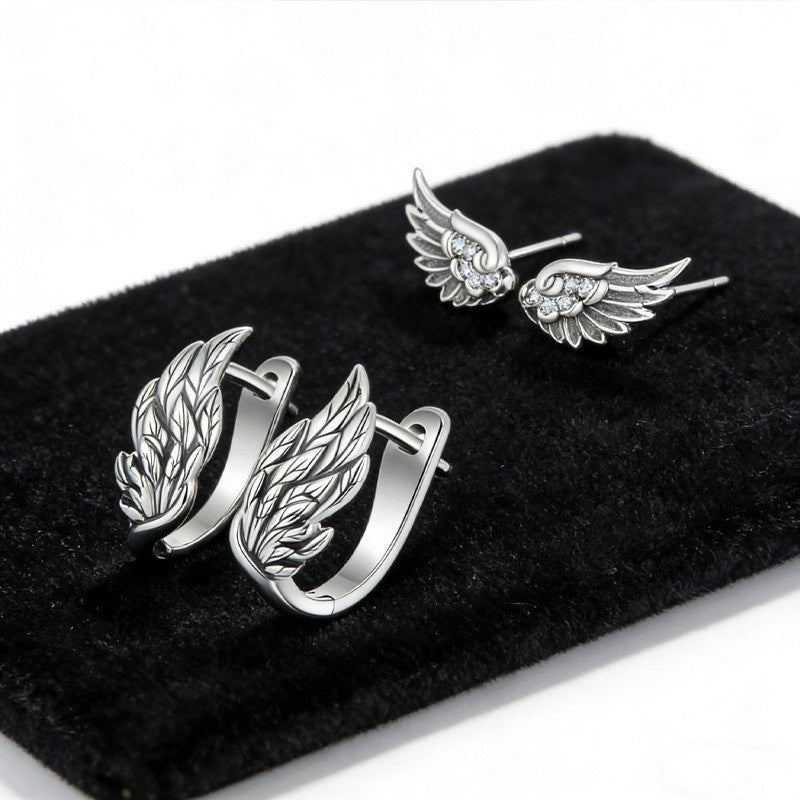 Textured Wing & Crystal Stud Earring Set