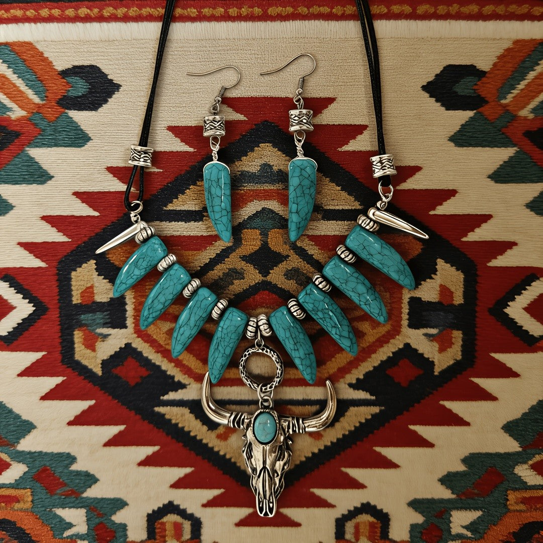 Turquoise Bull Head Necklace & Earring Set