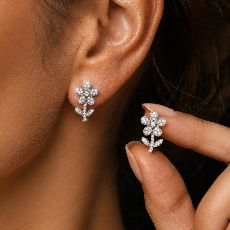 Crystal Flower Stem Stud Earrings