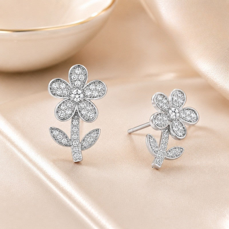 Crystal Flower Stem Stud Earrings