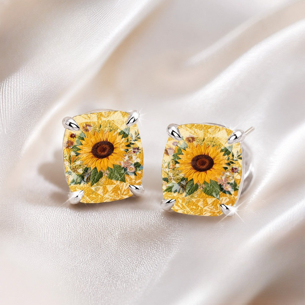 Sunflower Embroidered Square Stud Earrings