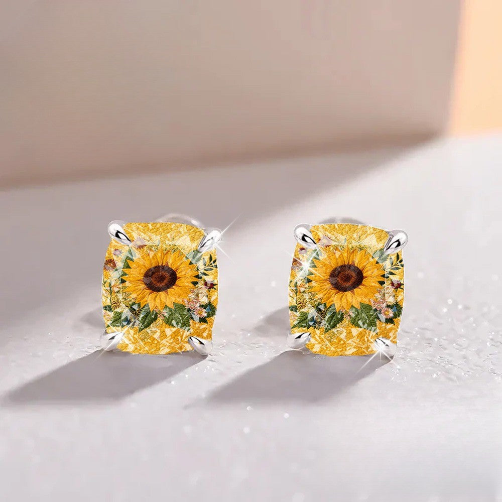 Sunflower Embroidered Square Stud Earrings