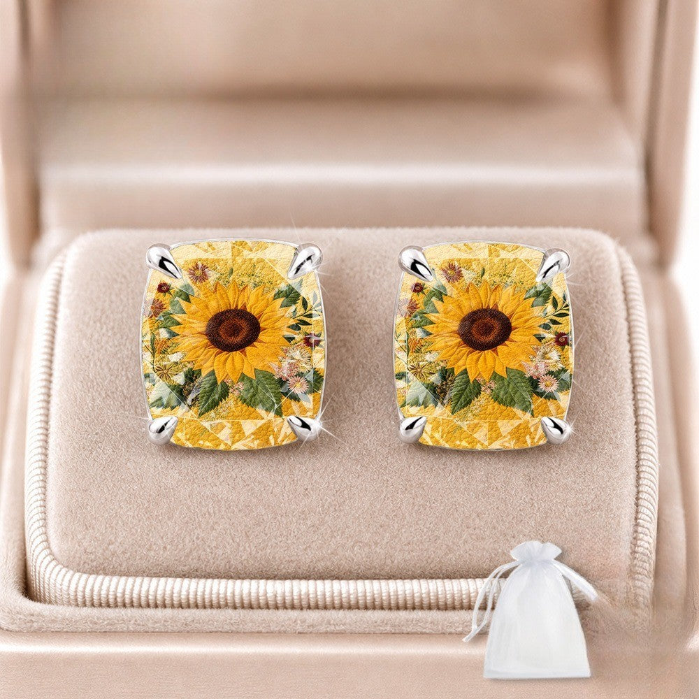 Sunflower Embroidered Square Stud Earrings