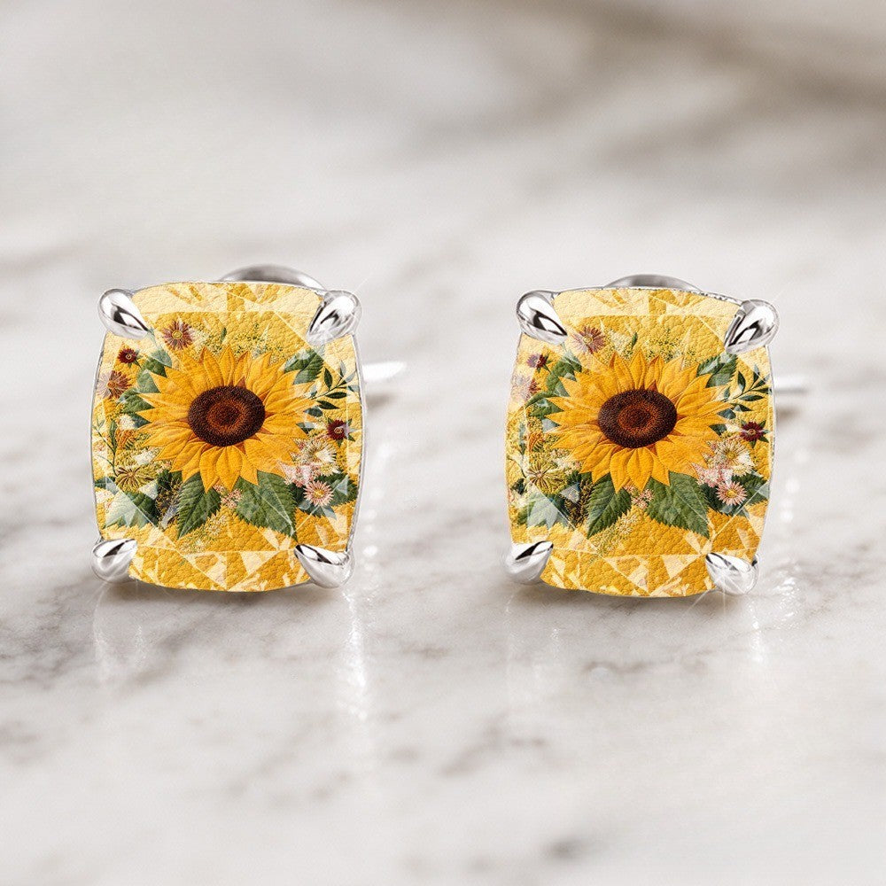 Sunflower Embroidered Square Stud Earrings