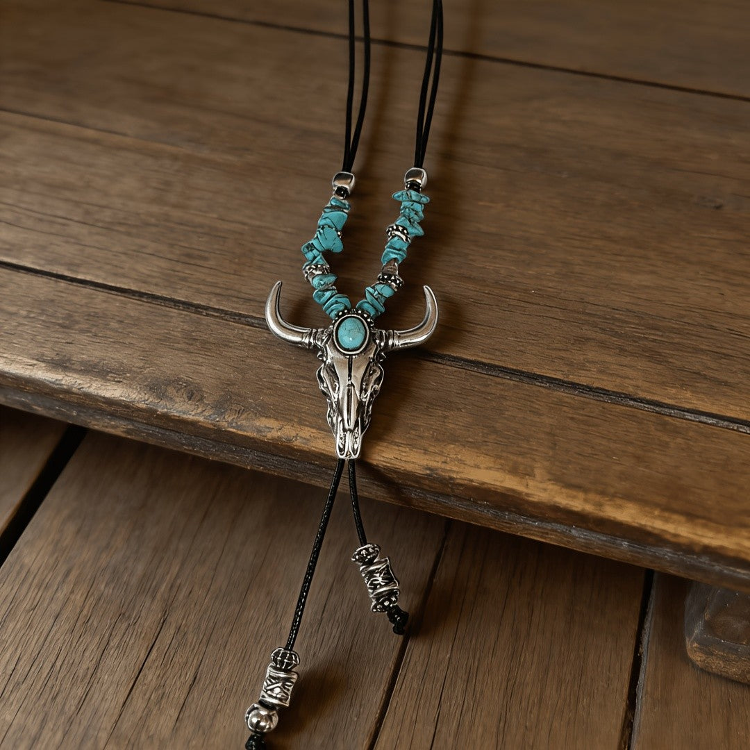 Turquoise Bull Skull Bolo Necklace
